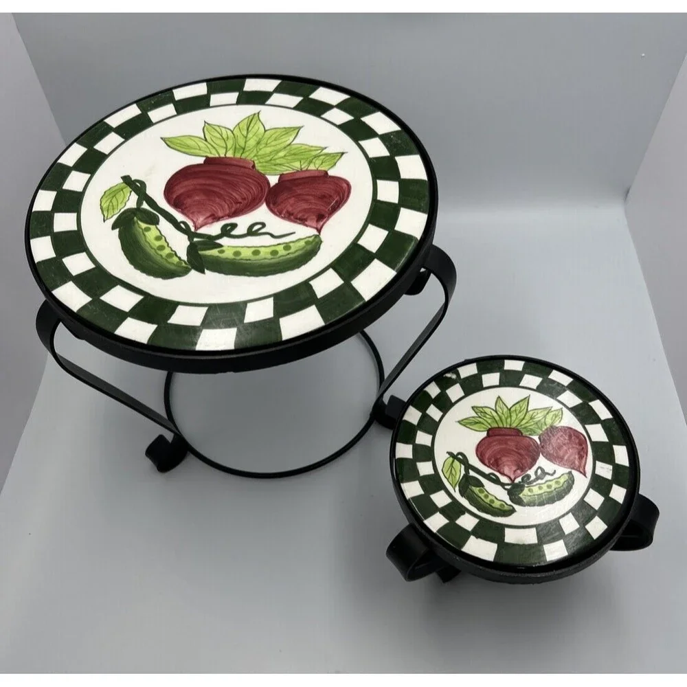 Ceramic Tile Trivet Plant Stands Set of 2 Vegetable Black Metal Farmhouse Decor